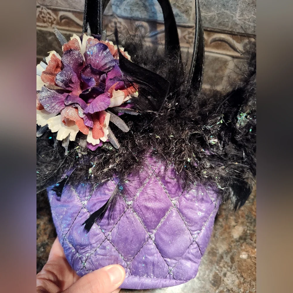 NWT Handcrafted Purple Quilted Purse Black Feathers And Flower